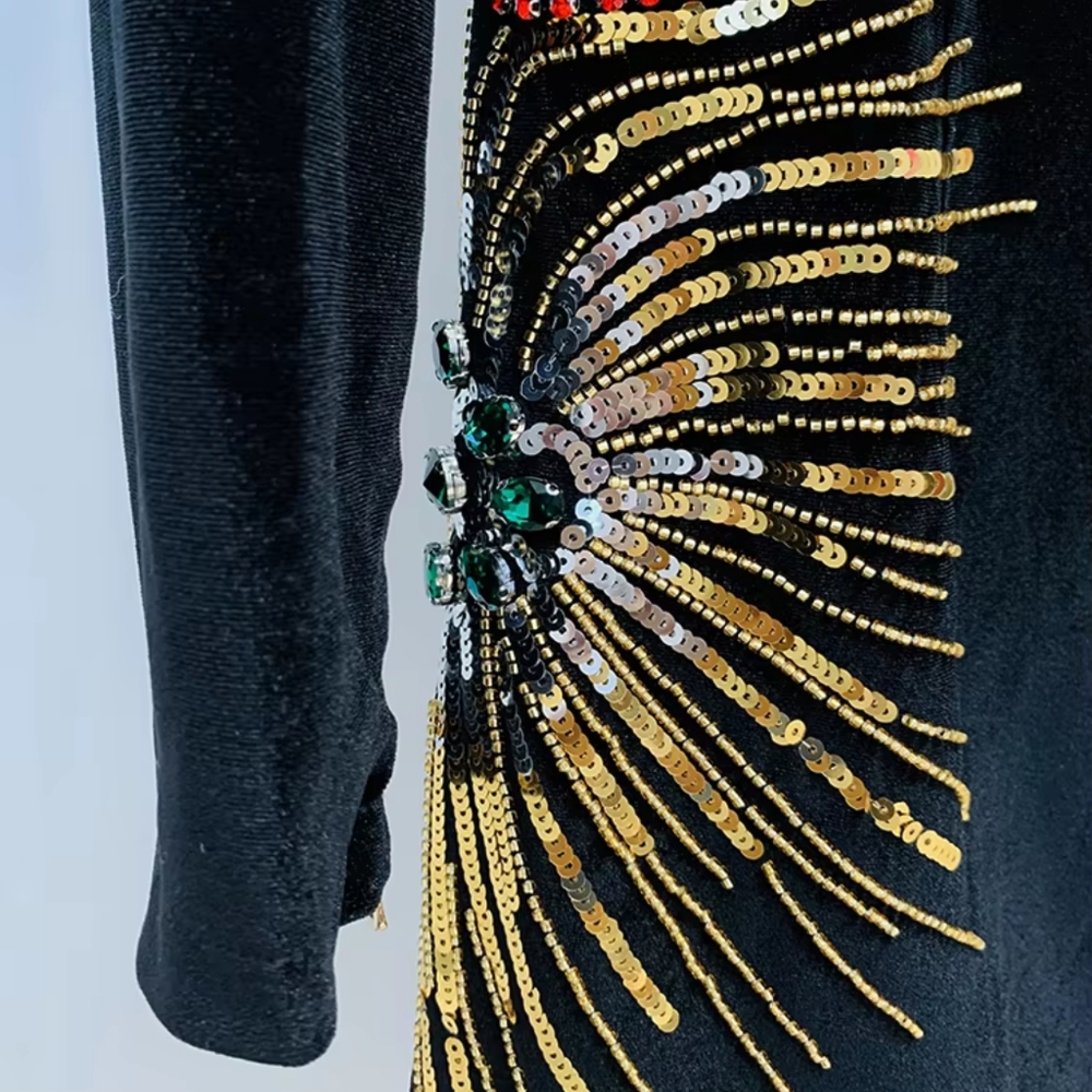 Women's Long Sleeve Stunning Sequined Rhinestone  Beaded Velvet Dress - Picture 6 of 11